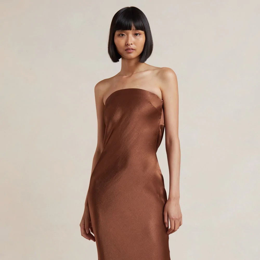 🍫 GUC DAVID’s Bridal Chocolate Satin Gown Strapless Charmeuse Sz 4